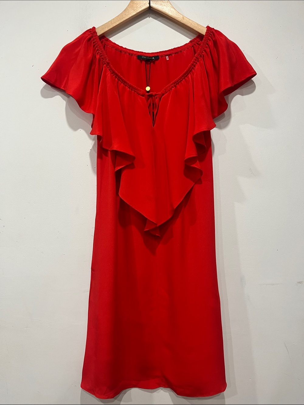 Kobi Halperin Red Ruffle/ Off-Shoulder Silk Dress S